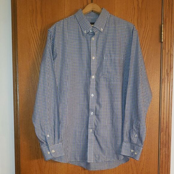 Very Nice Van Heusen Blue Brown Button- Down Dress Shirt Sz L (16-16.5) - Picture 1 of 6